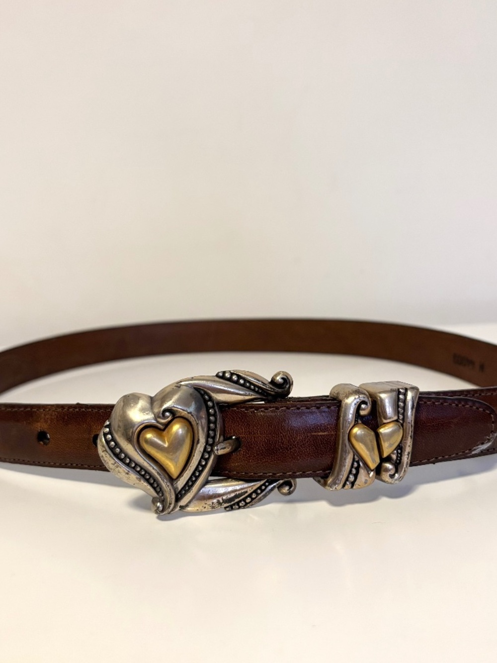 Brighton Vintage Brown Leather Waist Belt Two Tone Gold Silver Heart Buckle